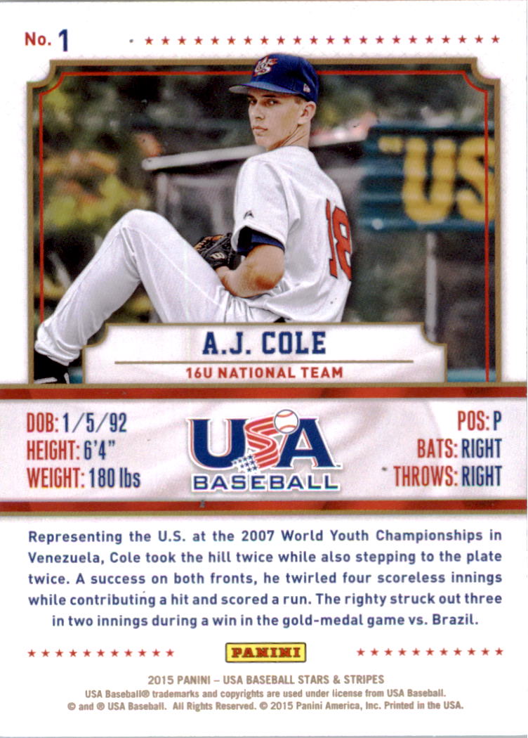 2015 USA Baseball Stars and Stripes #1 A.J. Cole back image