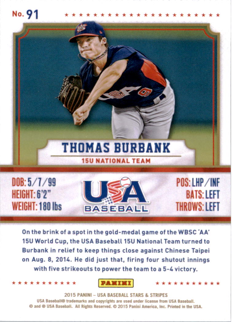 2015 USA Baseball Stars and Stripes #91 Thomas Burbank back image
