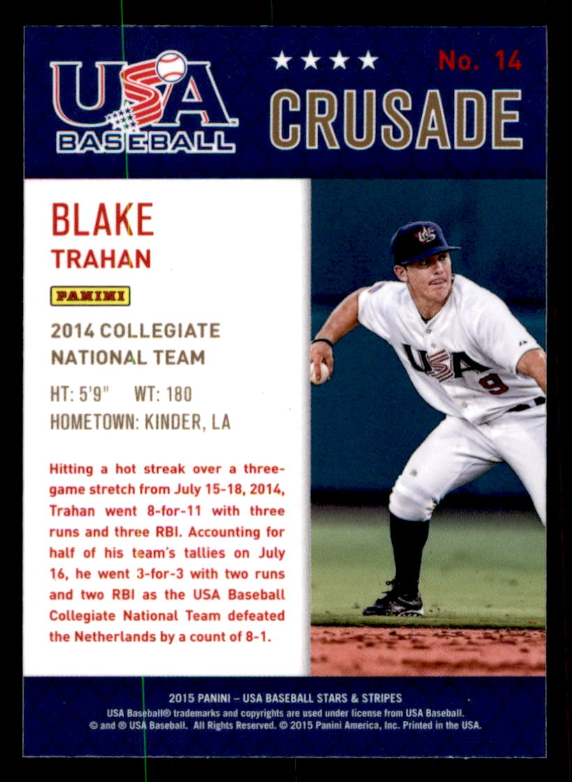 2015 USA Baseball Stars and Stripes Crusade Blue #14 Blake Trahan back image