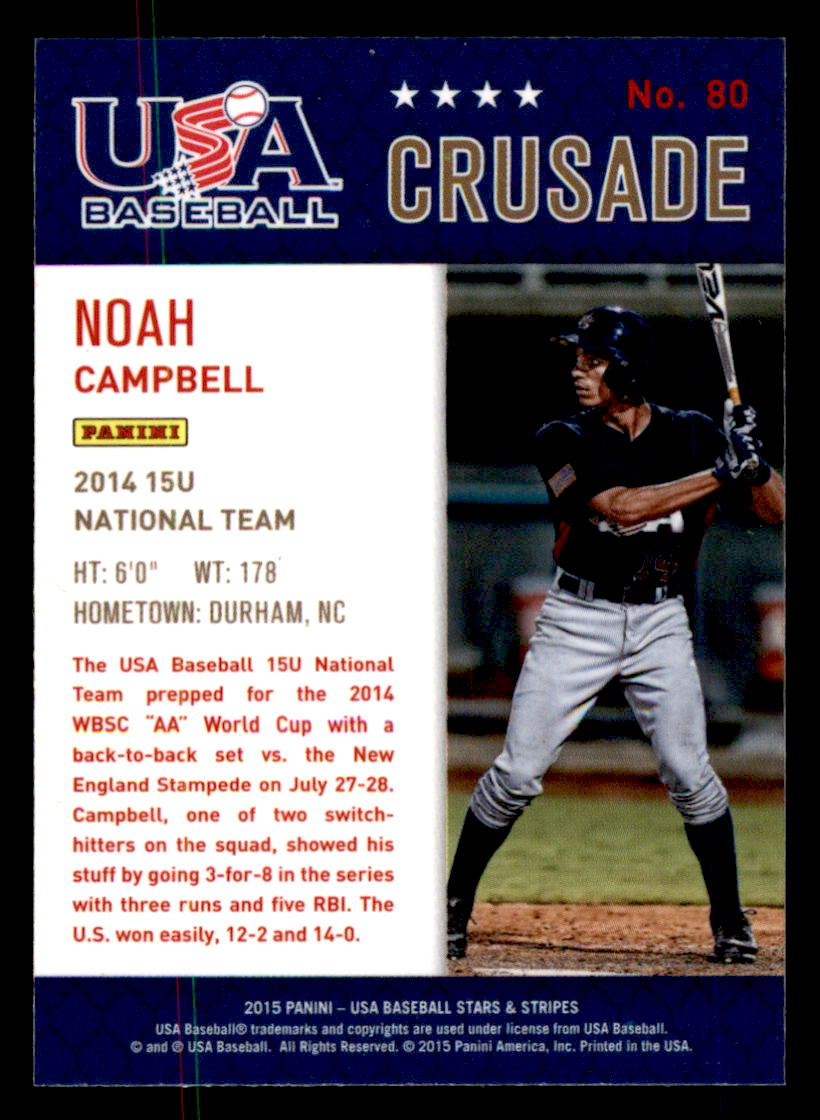 2015 USA Baseball Stars and Stripes Crusade Blue #80 Noah Campbell back image