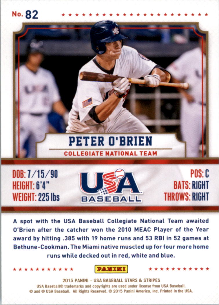 2015 USA Baseball Stars and Stripes Longevity Retail Gold #82 Peter O'Brien back image