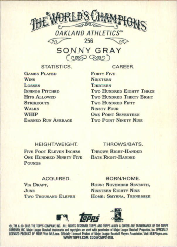 2015 Topps Allen and Ginter #256 Sonny Gray back image