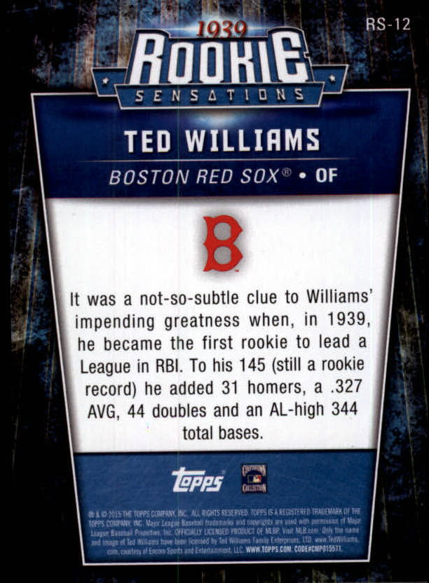 2015 Topps Update Rookie Sensations #RS12 Ted Williams back image