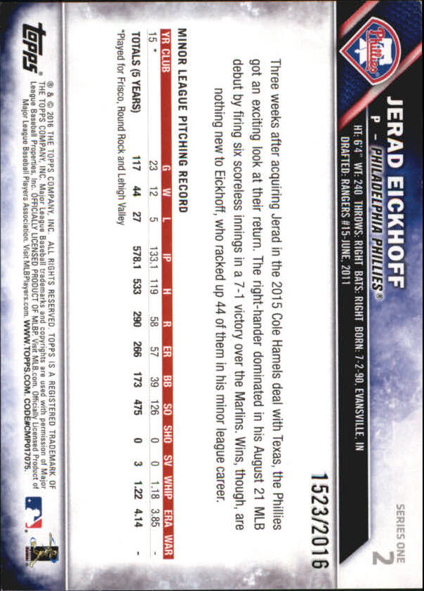 2016 Topps Gold #2 Jerad Eickhoff back image