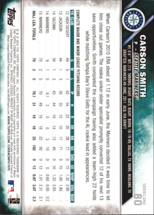 2016 Topps Rainbow Foil #80 Carson Smith back image