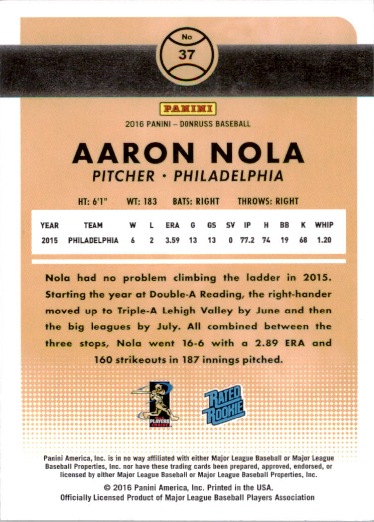 2016 Donruss #37 Aaron Nola RR RC back image