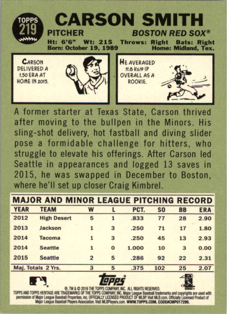 2016 Topps Heritage #219 Carson Smith back image