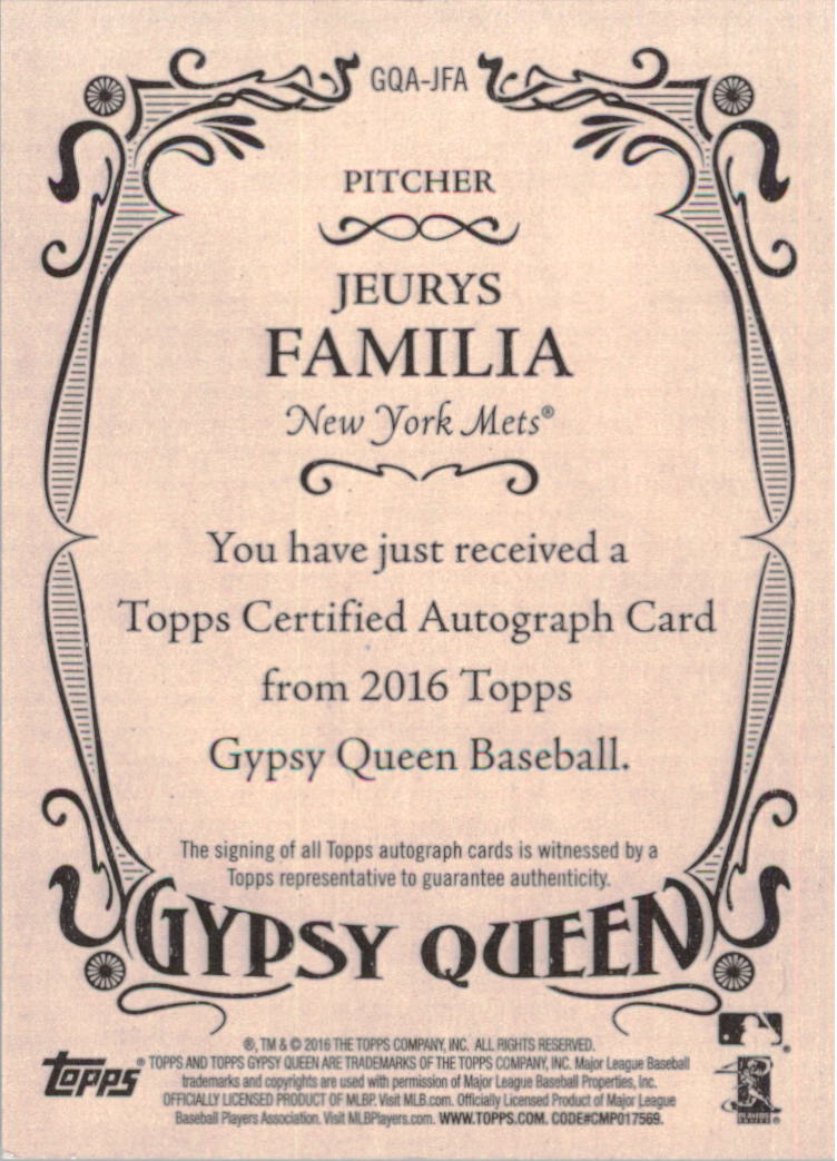 2016 Topps Gypsy Queen Autographs #GQAJFA Jeurys Familia back image