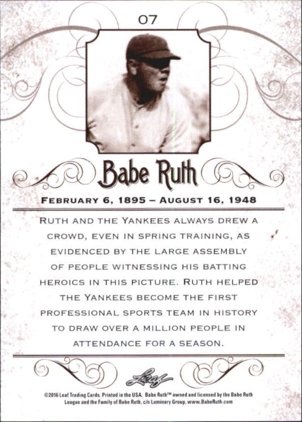 2016 Leaf Babe Ruth Collection #7 Babe Ruth back image