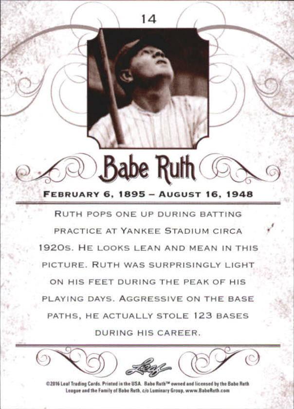 2016 Leaf Babe Ruth Collection #14 Babe Ruth back image