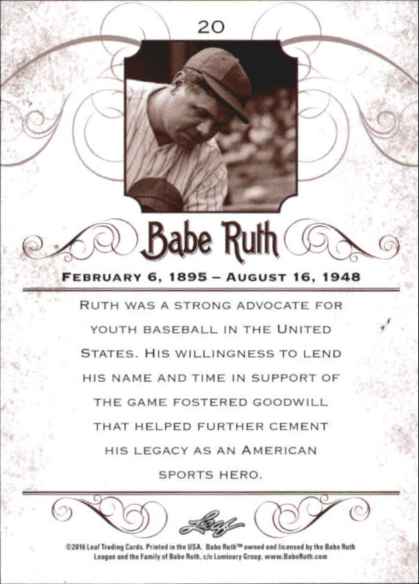 2016 Leaf Babe Ruth Collection #20 Babe Ruth back image