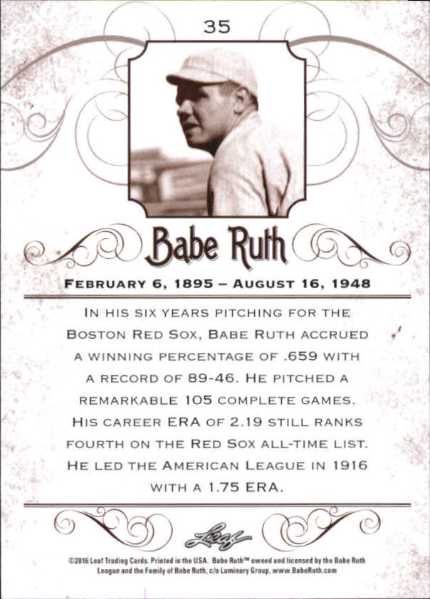 2016 Leaf Babe Ruth Collection #35 Babe Ruth back image