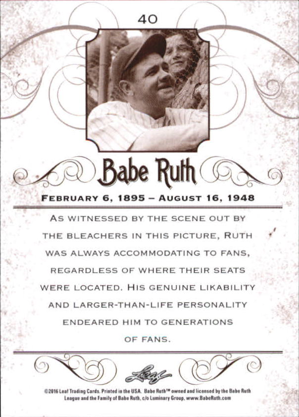 2016 Leaf Babe Ruth Collection #40 Babe Ruth back image