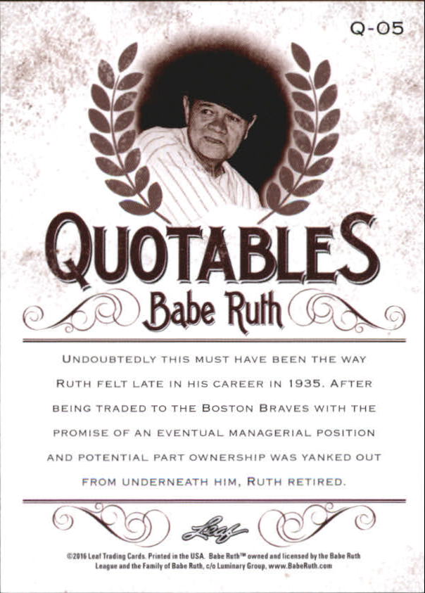 2016 Leaf Babe Ruth Collection Quotables #Q5 Babe Ruth back image