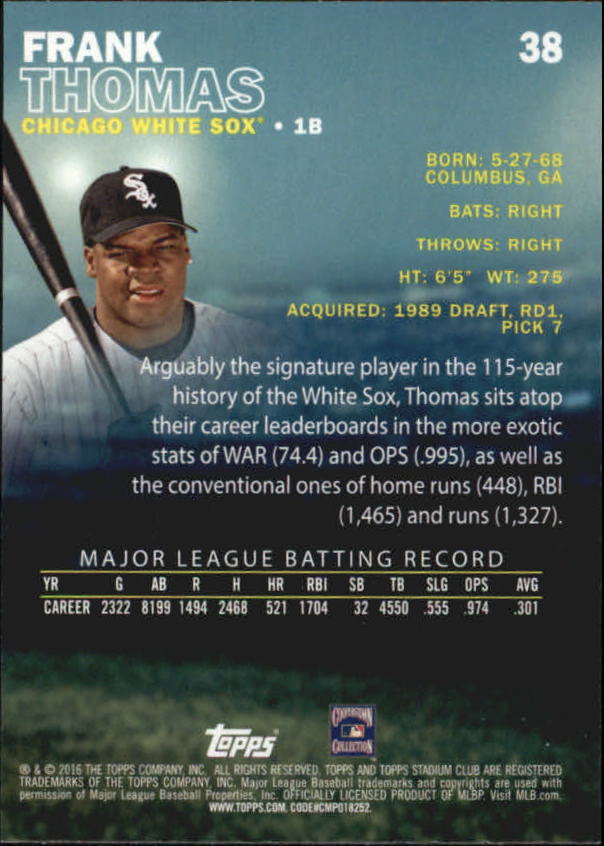 2016 Stadium Club #38 Frank Thomas back image