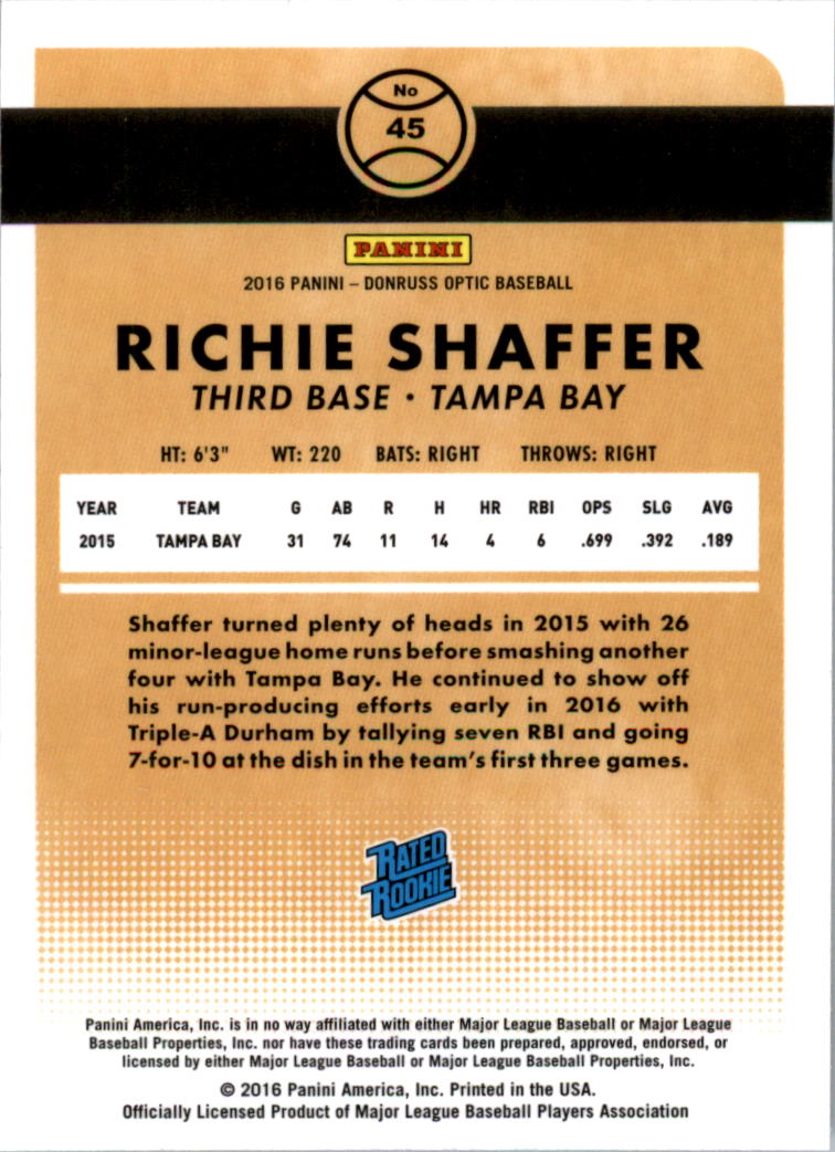 2016 Donruss Optic #45 Richie Shaffer RR RC back image