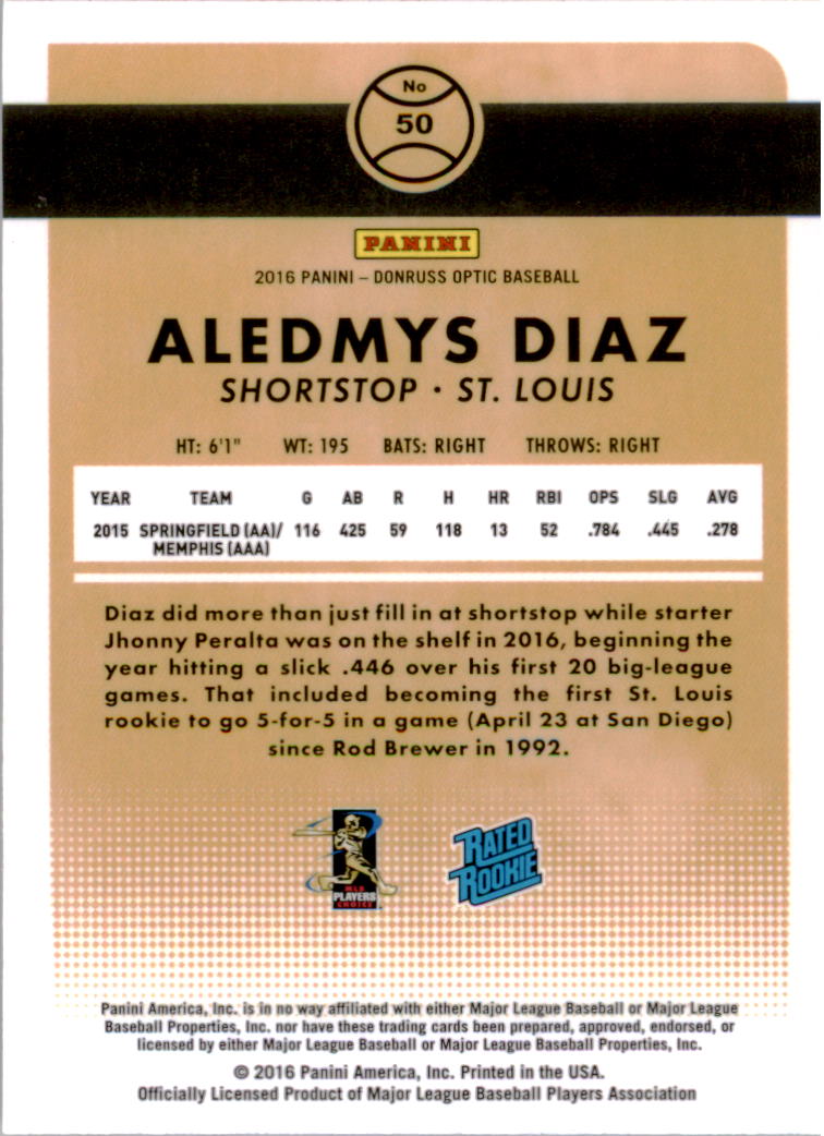 2016 Donruss Optic #50 Aledmys Diaz RR RC back image