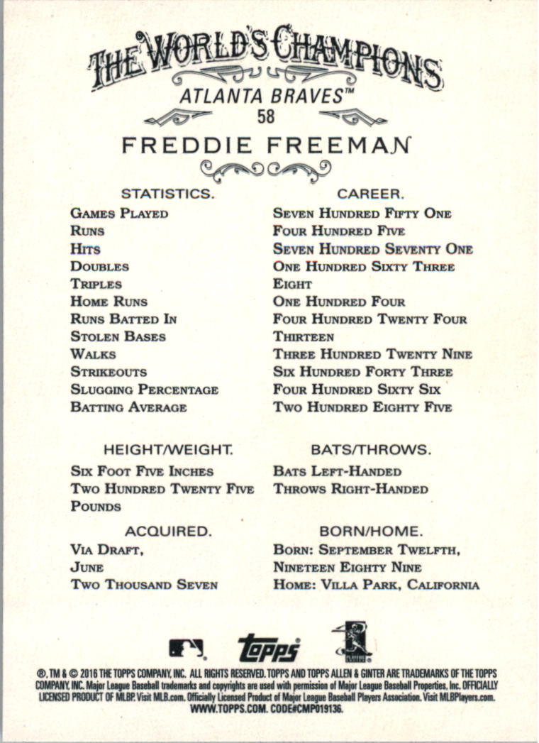 2016 Topps Allen and Ginter #58 Freddie Freeman back image