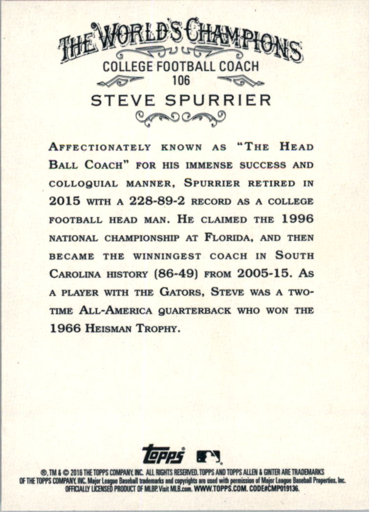 2016 Topps Allen and Ginter #106 Steve Spurrier back image