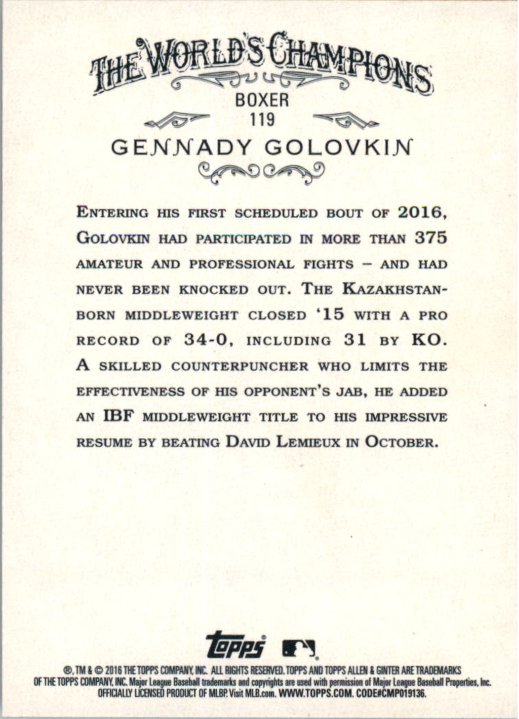 2016 Topps Allen and Ginter #119 Gennady Golovkin back image
