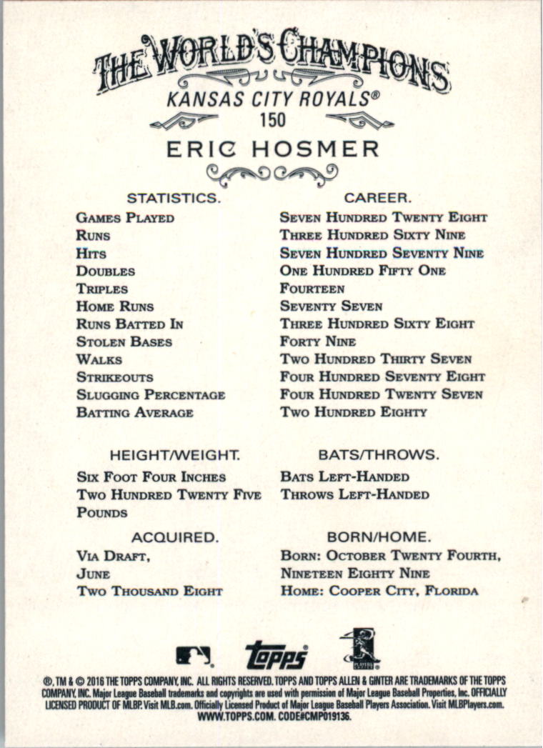 2016 Topps Allen and Ginter #150 Eric Hosmer back image