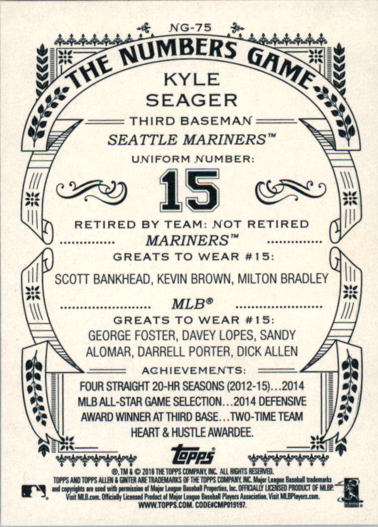 2016 Topps Allen and Ginter The Numbers Game #NG75 Kyle Seager back image