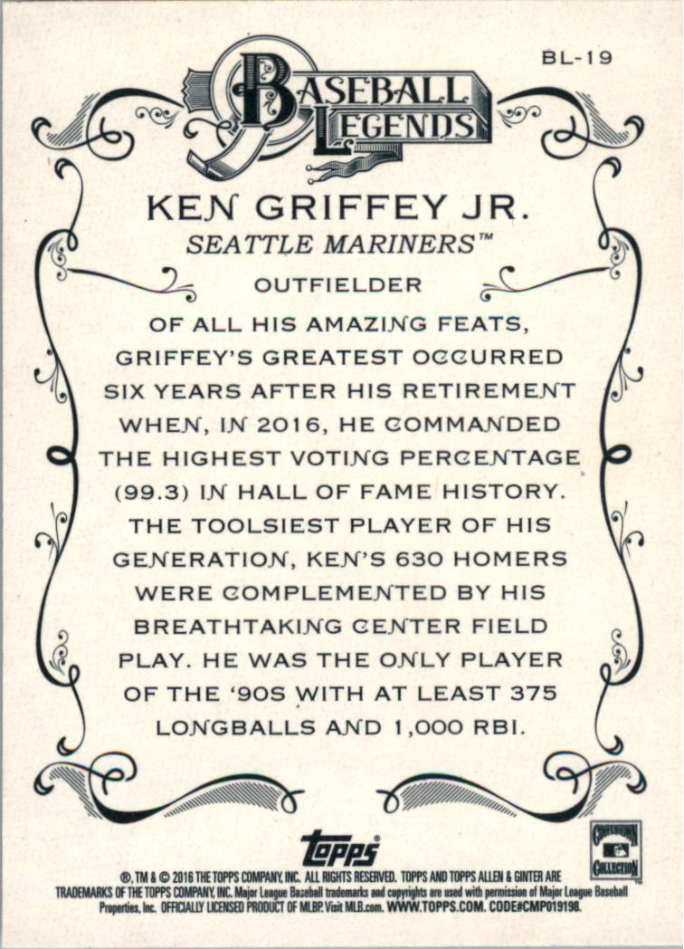 2016 Topps Allen and Ginter Baseball Legends #BL19 Ken Griffey Jr. back image