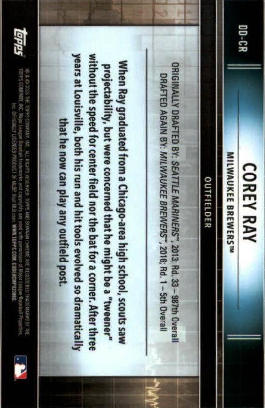 2016 Bowman Chrome Draft Draft Dividends #DDCR Corey Ray back image