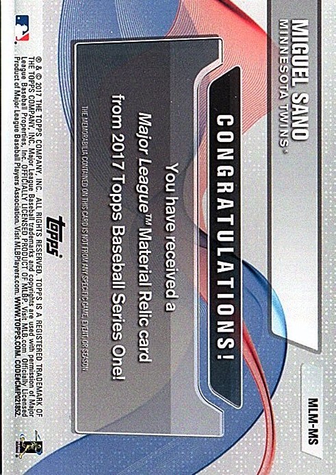 2017 Topps Major League Materials #MLMMS Miguel Sano back image
