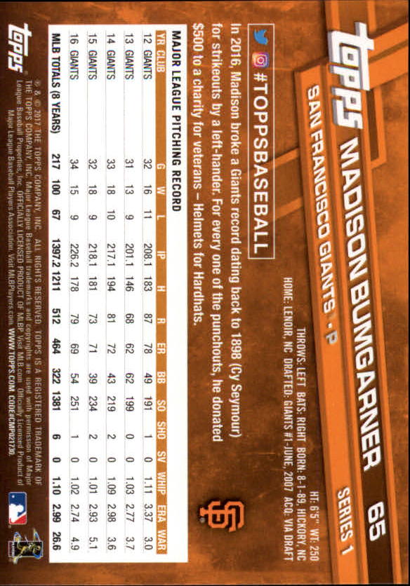 A0479- 2017 Topps Baseball Card #s 1-252 +Rookies -You Pick- 15+ FREE US SHIP - Picture 125 of 491