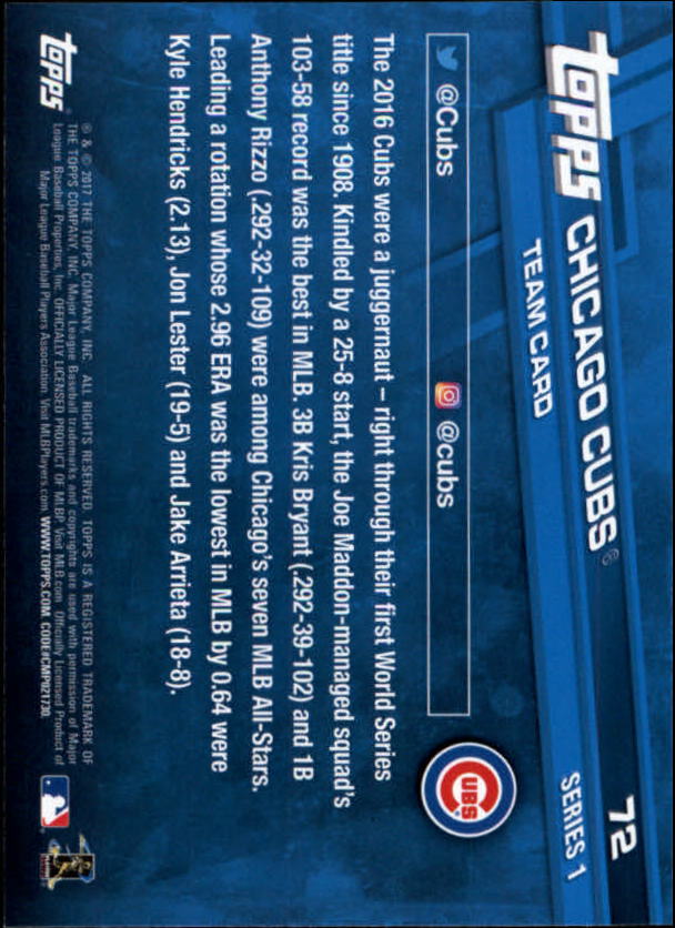2017 Topps #72 Chicago Cubs back image