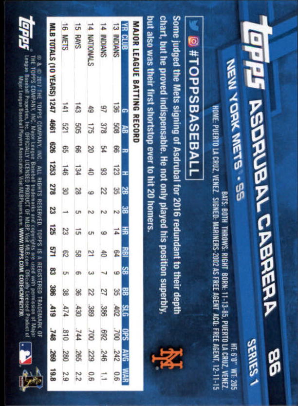 A0479- 2017 Topps Baseball Card #s 1-252 +Rookies -You Pick- 15+ FREE US SHIP - Picture 165 of 491