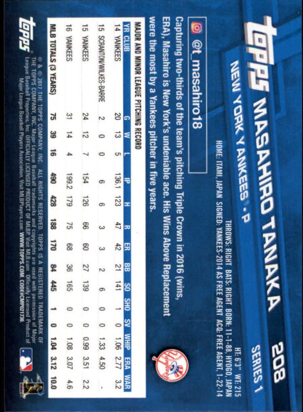 A0479- 2017 Topps Baseball Card #s 1-252 +Rookies -You Pick- 15+ FREE US SHIP - Picture 405 of 491