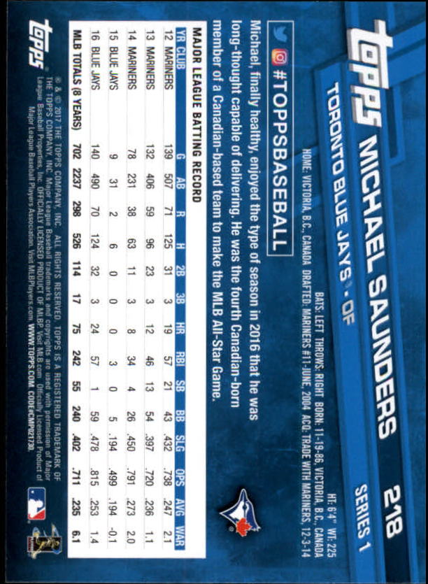 A0479- 2017 Topps Baseball Card #s 1-252 +Rookies -You Pick- 15+ FREE US SHIP - Picture 423 of 491