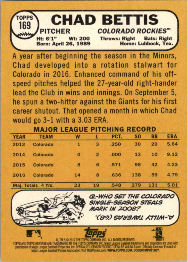 2017 Topps Heritage #169 Chad Bettis back image