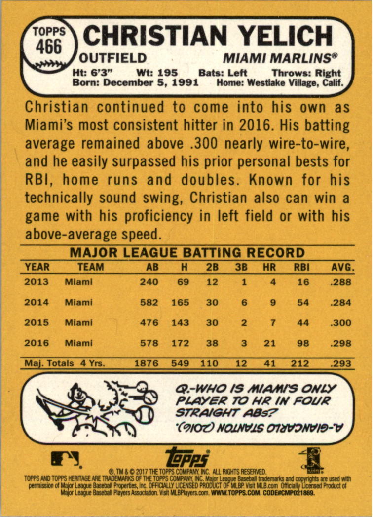 2017 Topps Heritage #466 Christian Yelich SP back image