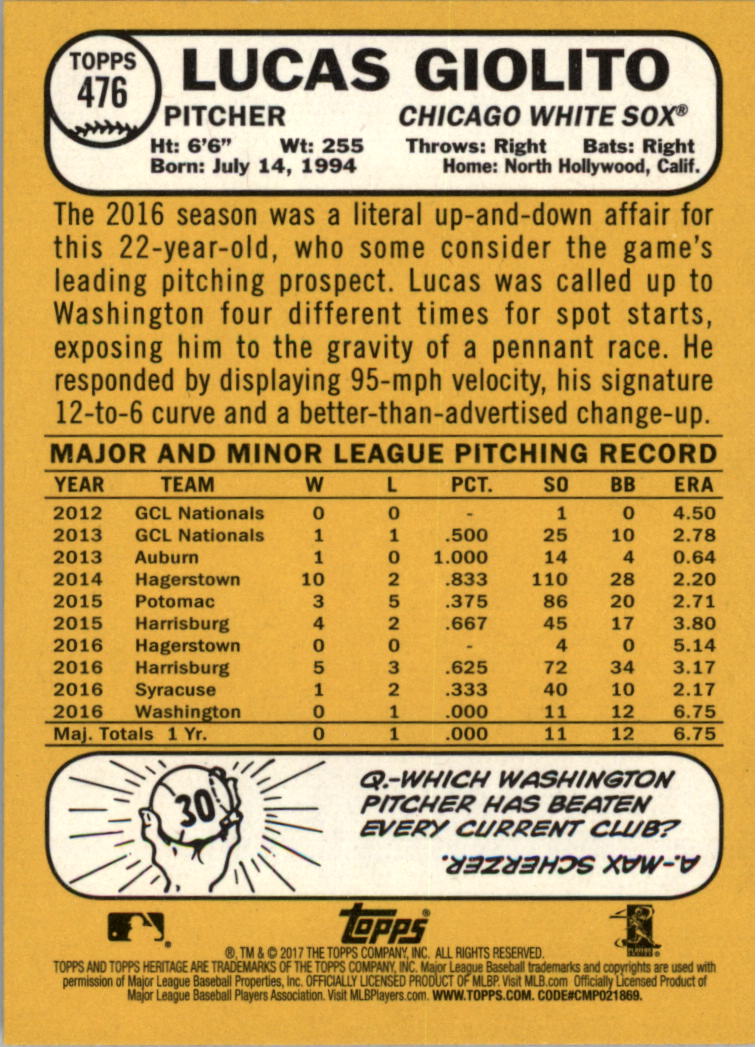 2017 Topps Heritage #476A Lucas Giolito SP back image