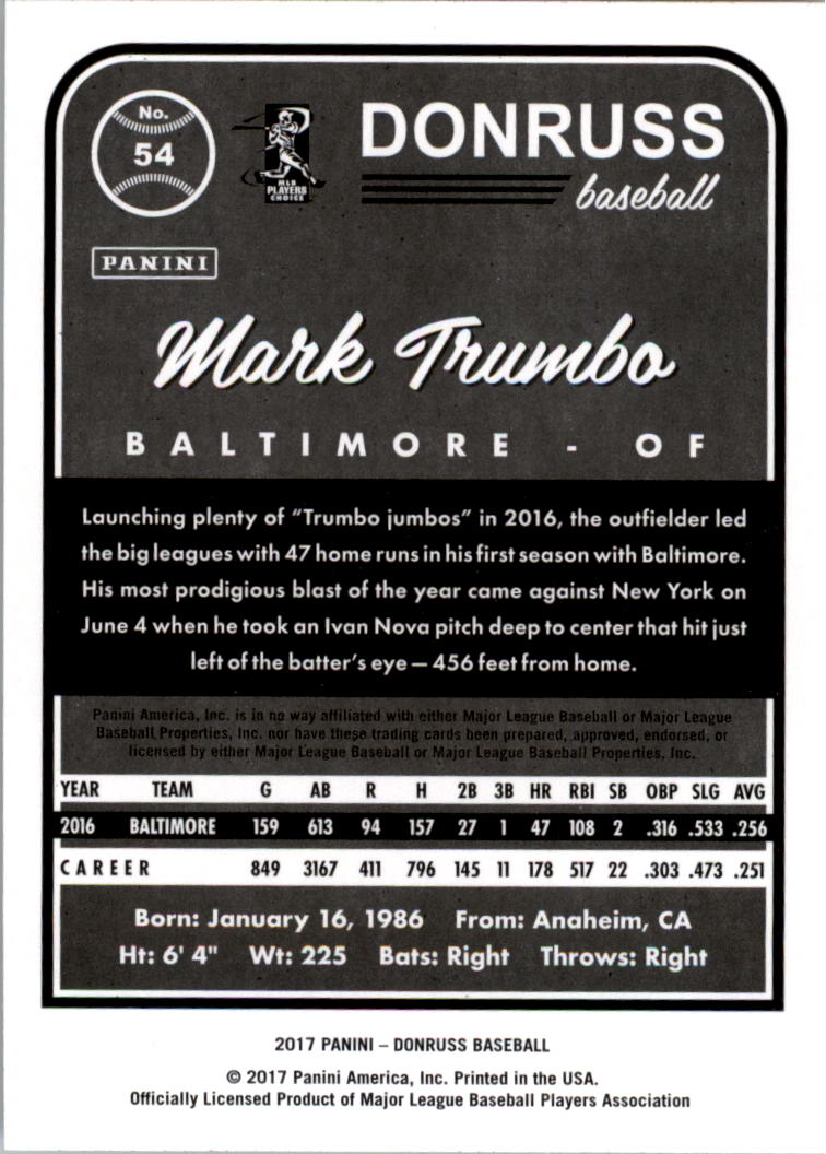 2017 Donruss #54 Mark Trumbo back image