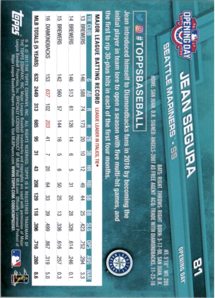 A3120- 2017 Topps Opening Day BB Card #s 1-200 -You Pick- 15+ FREE US SHIP - Picture 160 of 390