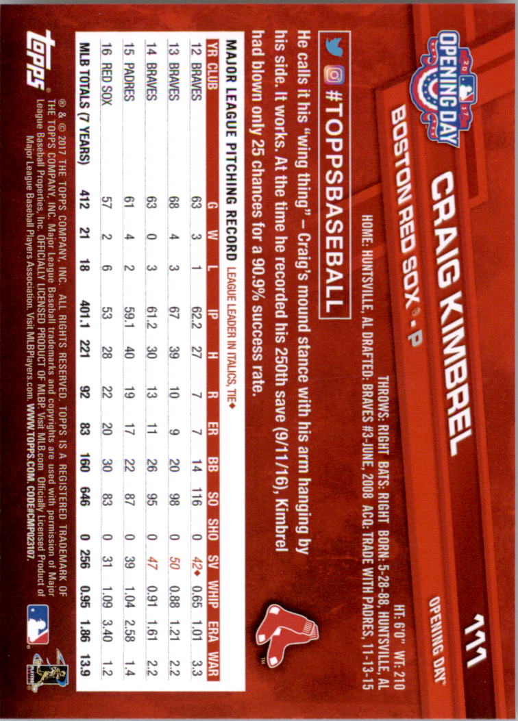 A3120- 2017 Topps Opening Day BB Card #s 1-200 -You Pick- 15+ FREE US SHIP - Picture 219 of 390