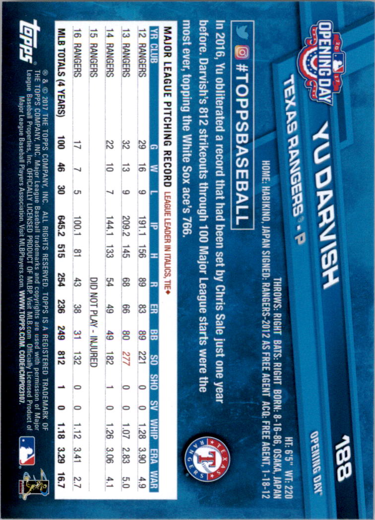 A3120- 2017 Topps Opening Day BB Card #s 1-200 -You Pick- 15+ FREE US SHIP - Picture 368 of 390
