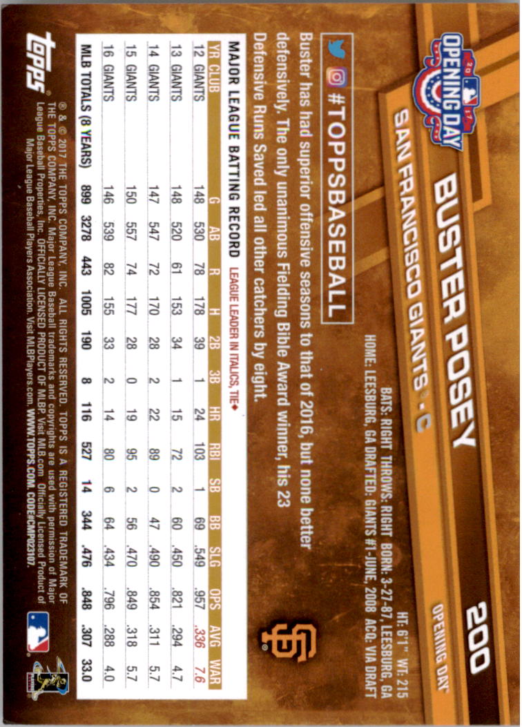 A3120- 2017 Topps Opening Day BB Card #s 1-200 -You Pick- 15+ FREE US SHIP - Picture 390 of 390