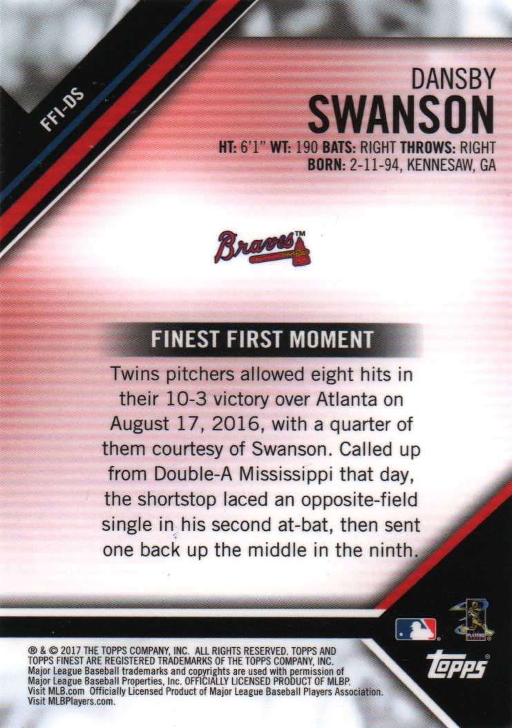 2017 Finest Firsts #FFIDS Dansby Swanson back image
