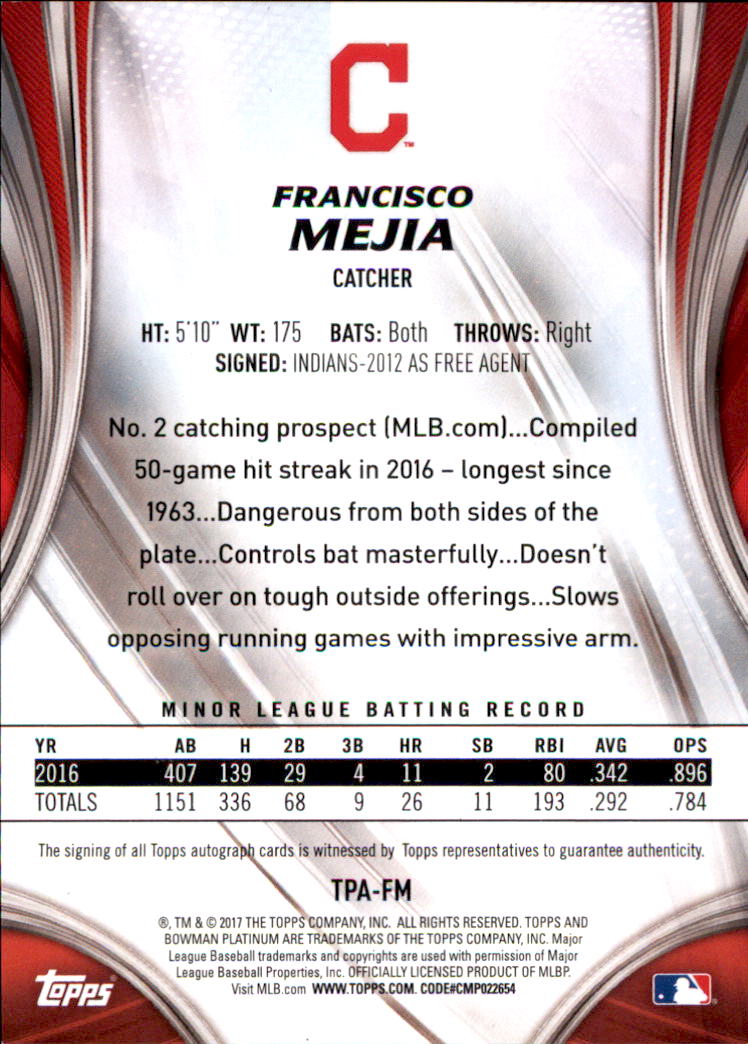 2017 Bowman Platinum Top Prospects Autographs #TPFM Francisco Mejia