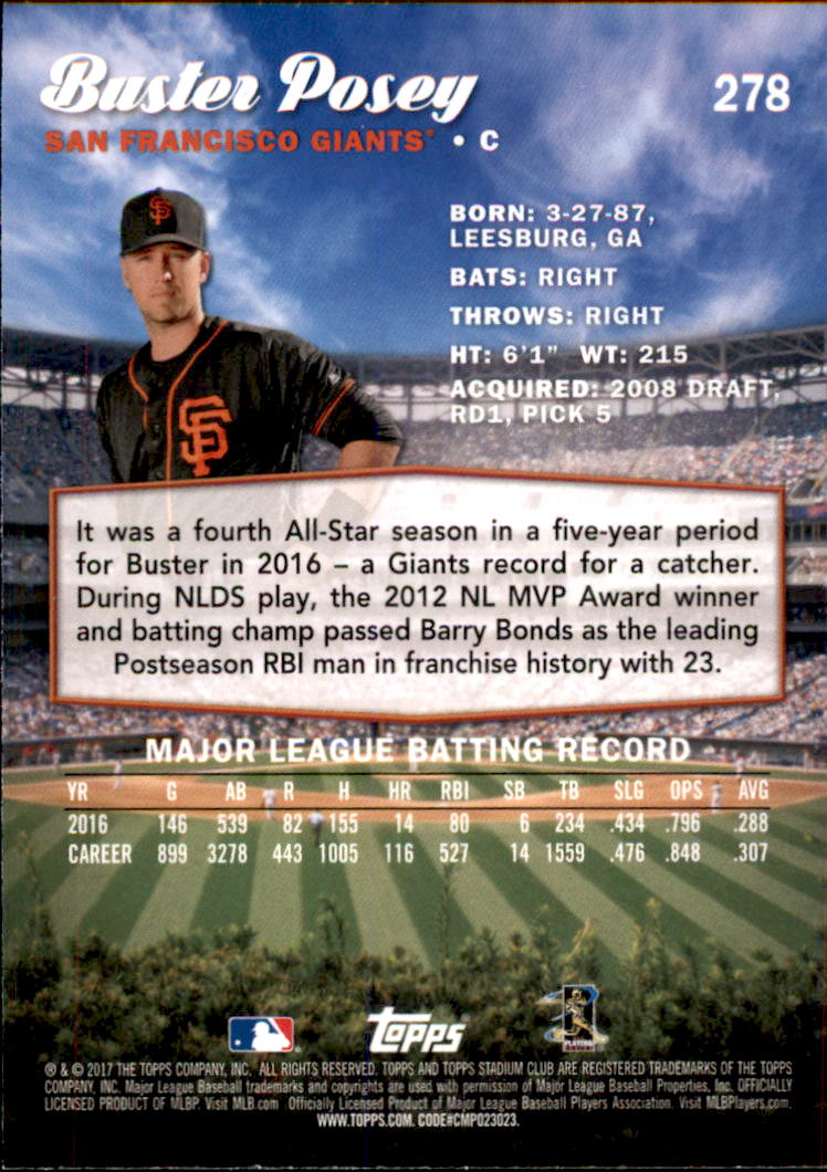 2017 Stadium Club #278A Buster Posey back image