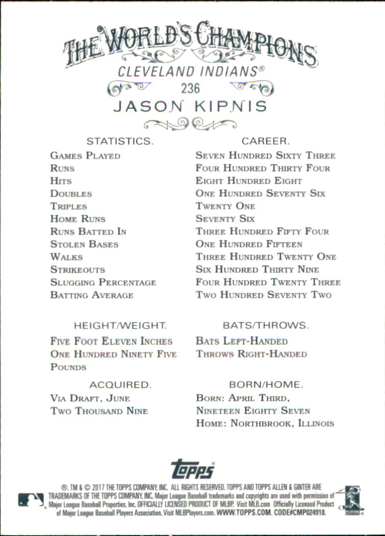 2017 Topps Allen and Ginter #236 Jason Kipnis back image