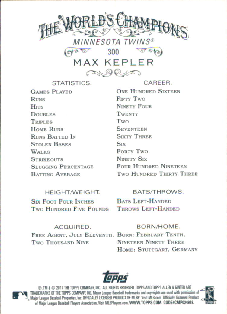 2017 Topps Allen and Ginter #300 Max Kepler back image
