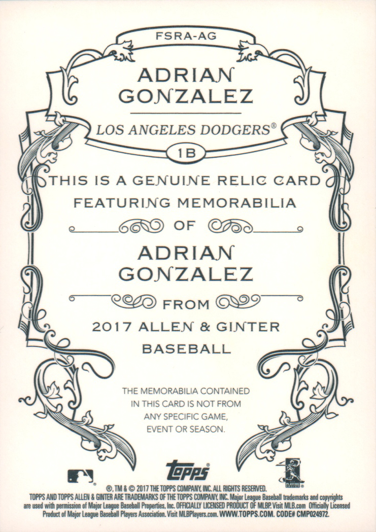 2017 Topps Allen and Ginter Relics #FSRAAG Adrian Gonzalez A back image