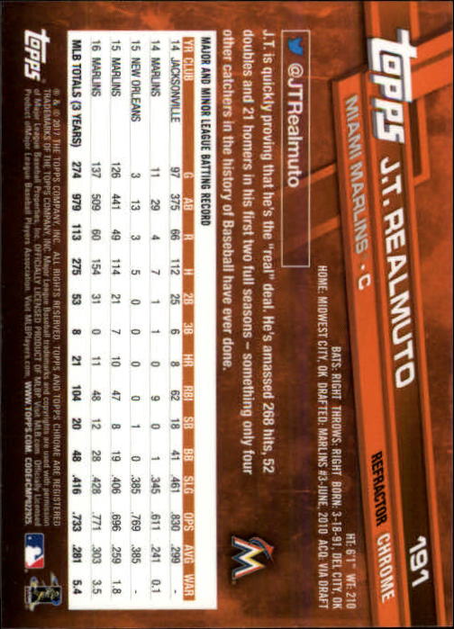 2017 Topps Chrome Refractors #191 J.T. Realmuto back image