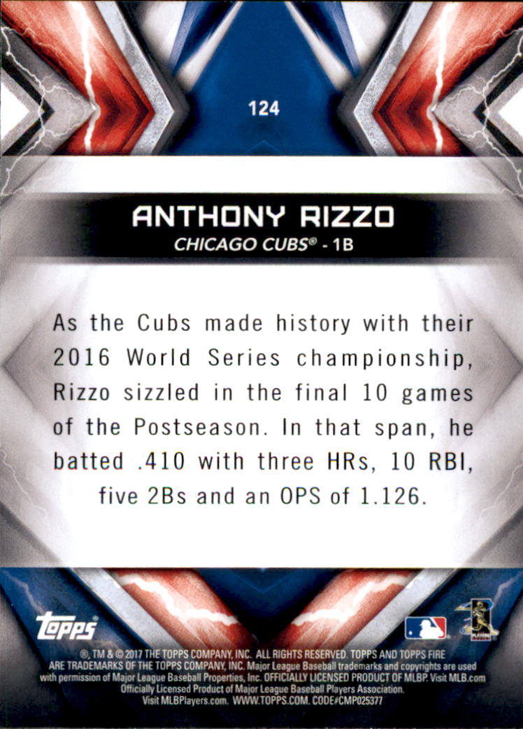 2017 Topps Fire #124 Anthony Rizzo back image